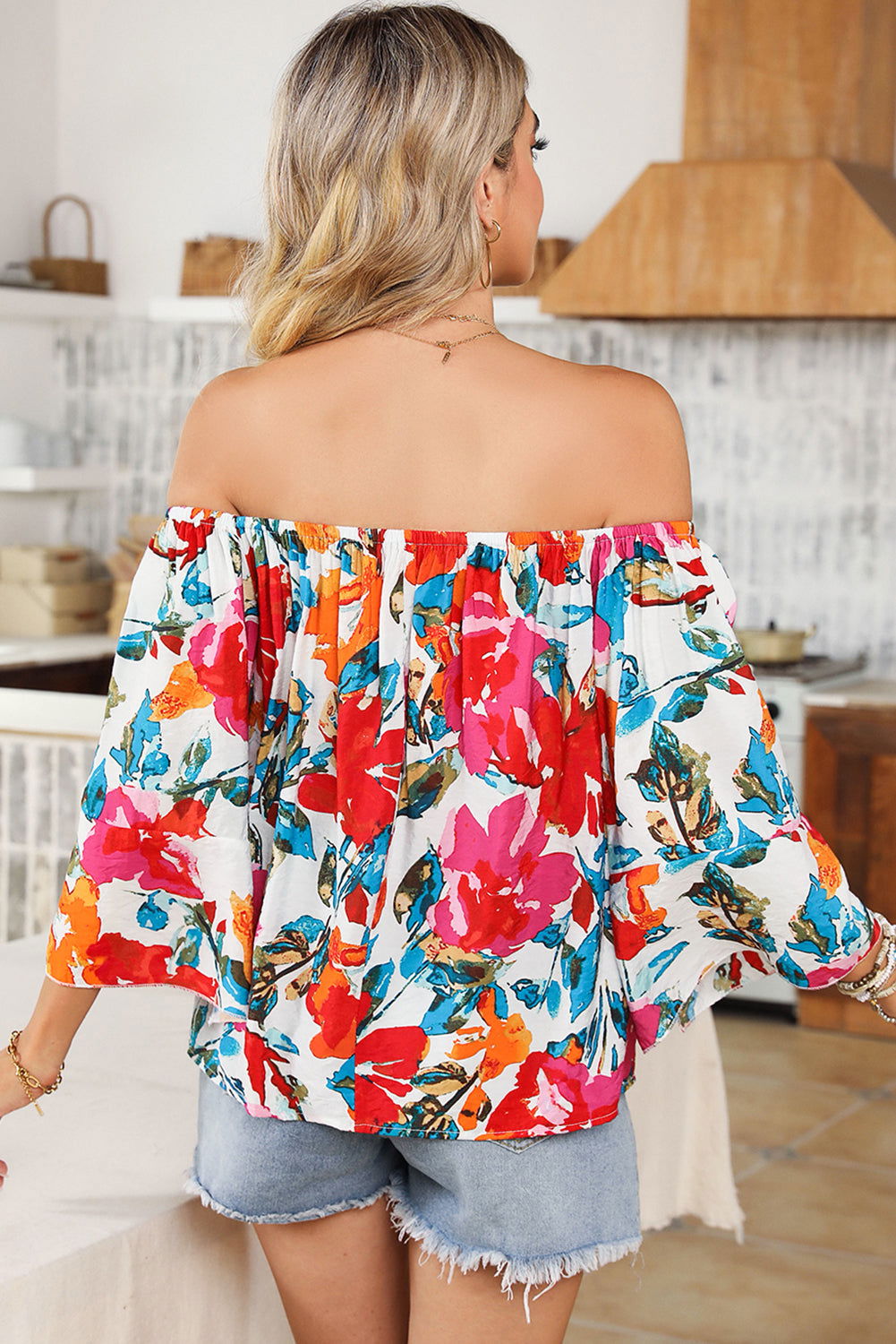 Multicolor Floral Print Off Shoulder Wide Sleeve Blouse - Vesteeto