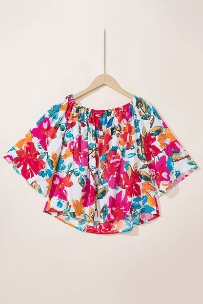 Multicolor Floral Print Off Shoulder Wide Sleeve Blouse - Vesteeto