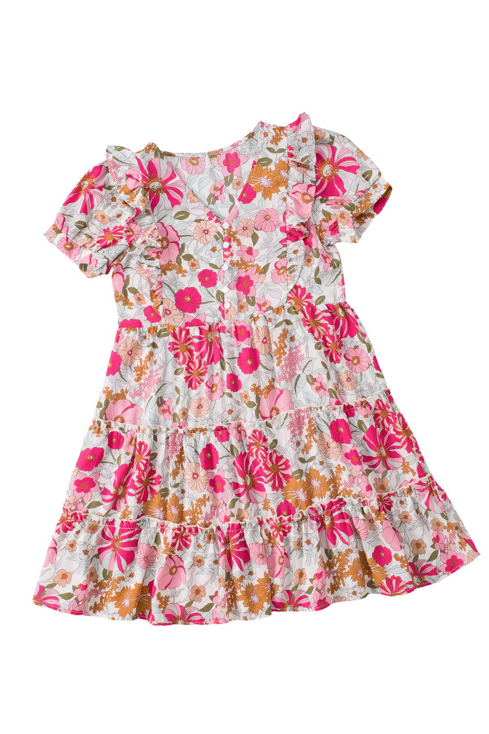 Multicolor Floral Print Patchwork Frill Tiered Shift Dress - Vesteeto