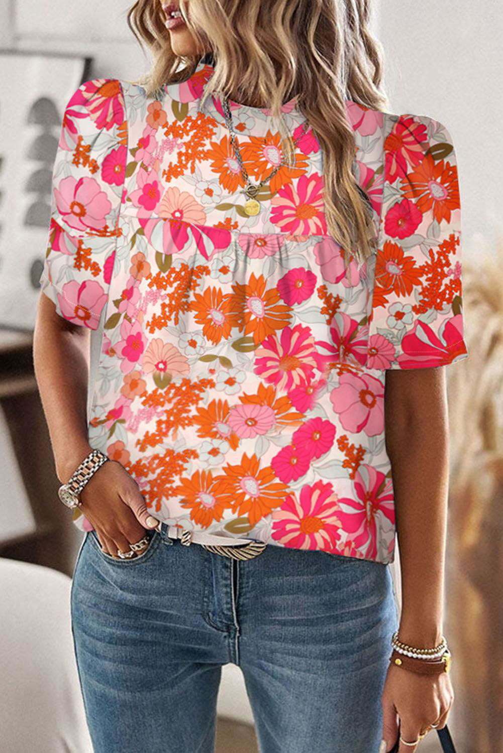 Multicolor Floral Print Tie Back Boho Short Sleeve Blouse - Vesteeto