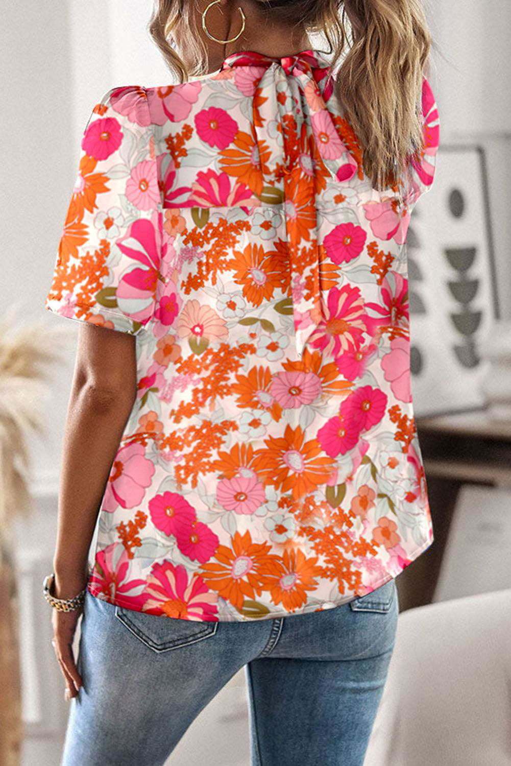 Multicolor Floral Print Tie Back Boho Short Sleeve Blouse - Vesteeto