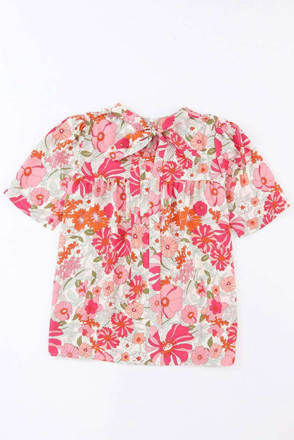 Multicolor Floral Print Tie Back Boho Short Sleeve Blouse - Vesteeto