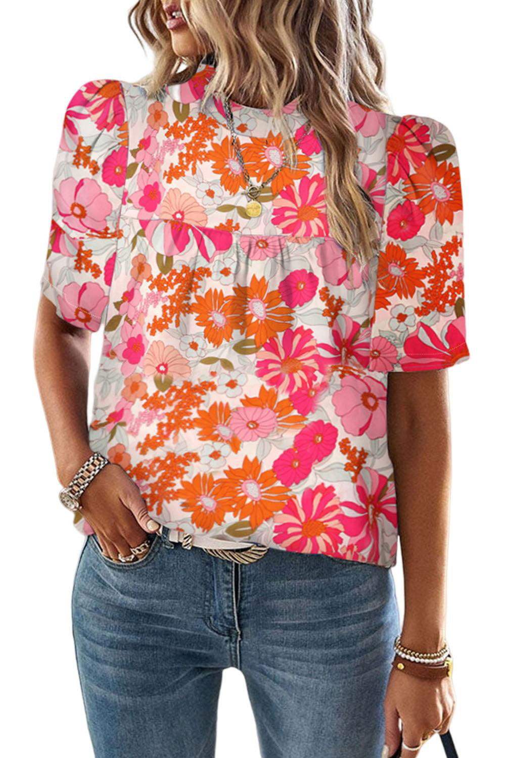 Multicolor Floral Print Tie Back Boho Short Sleeve Blouse - Vesteeto