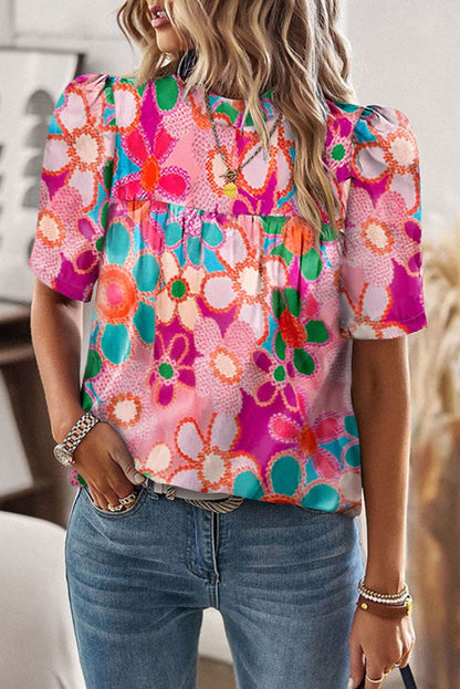 Multicolor Floral Print Tie Back Boho Short Sleeve Blouse - Vesteeto