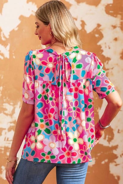 Multicolor Floral Print Tie Back Boho Short Sleeve Blouse - Vesteeto