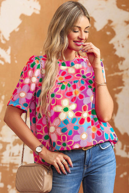 Multicolor Floral Print Tie Back Boho Short Sleeve Blouse - Vesteeto