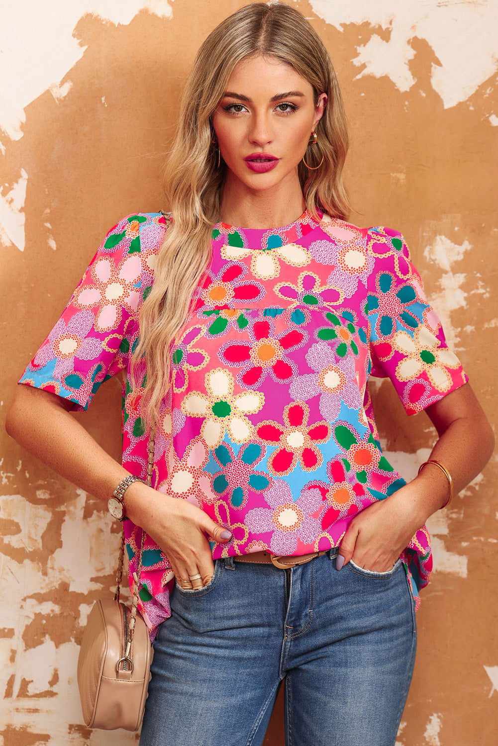 Multicolor Floral Print Tie Back Boho Short Sleeve Blouse - Vesteeto