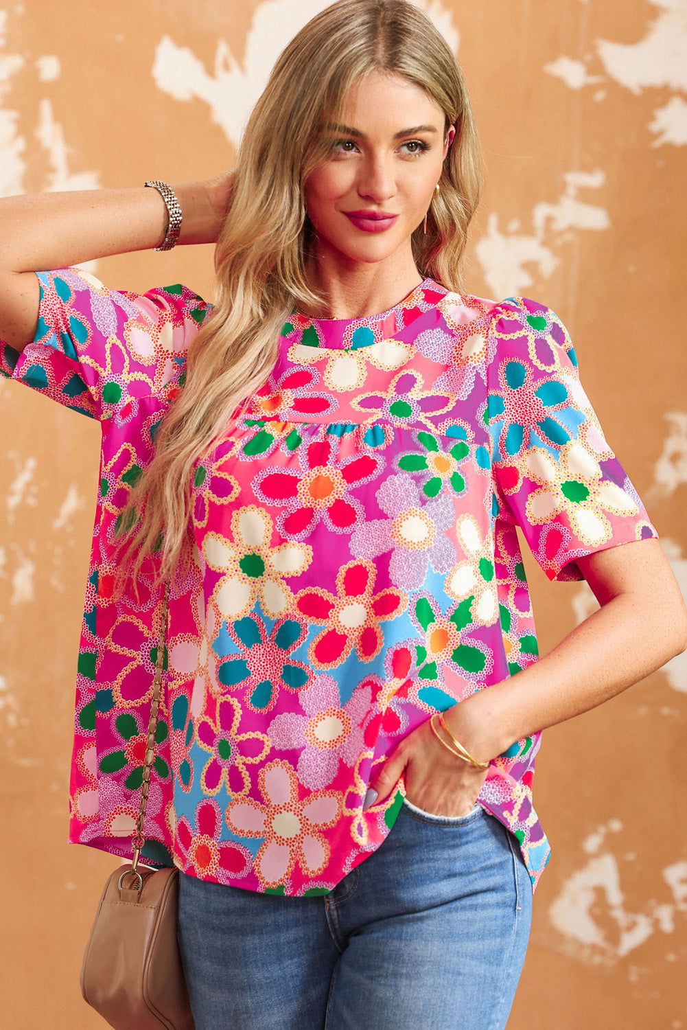 Multicolor Floral Print Tie Back Boho Short Sleeve Blouse - Vesteeto