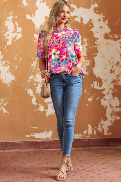 Multicolor Floral Print Tie Back Boho Short Sleeve Blouse - Vesteeto