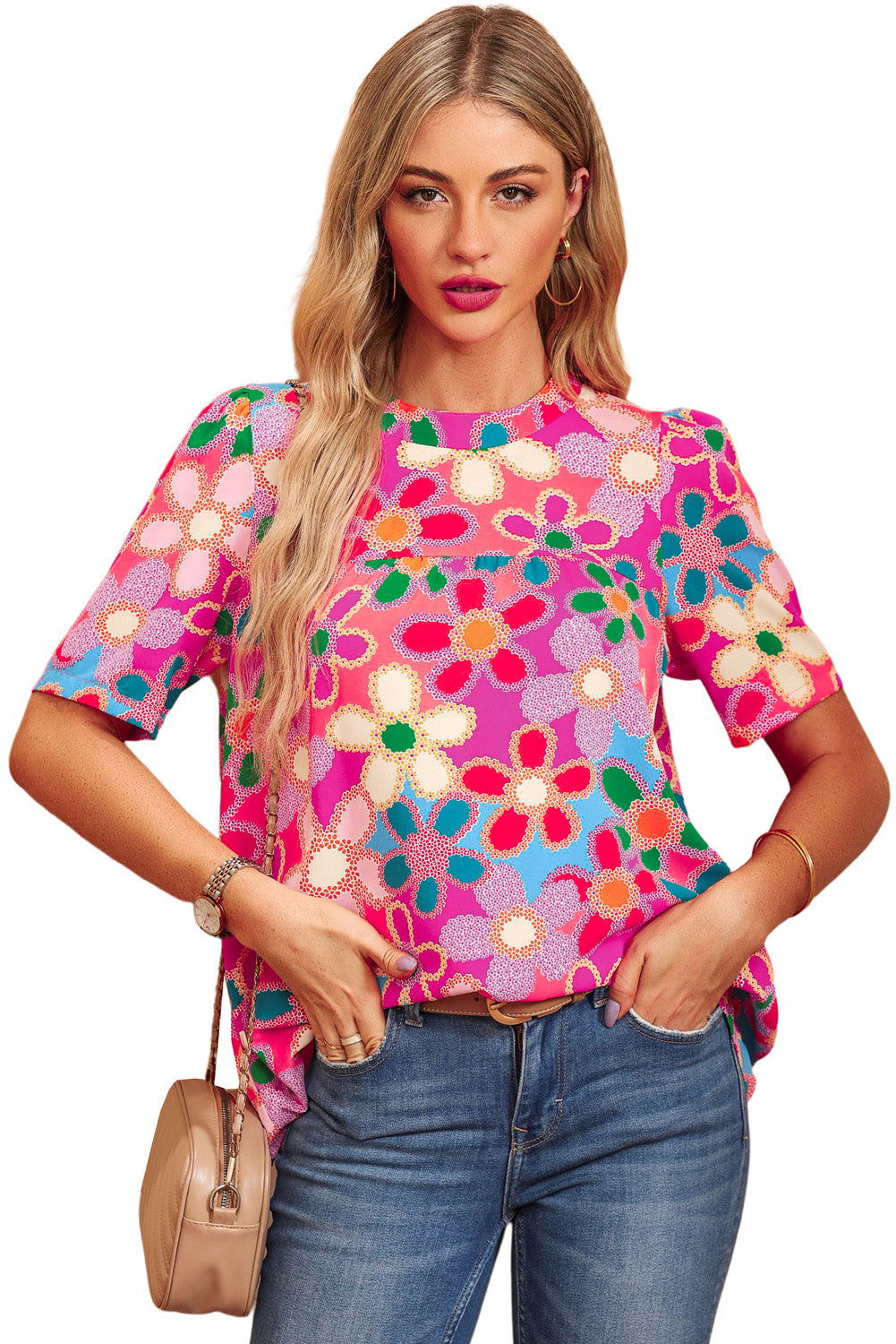 Multicolor Floral Print Tie Back Boho Short Sleeve Blouse - Vesteeto