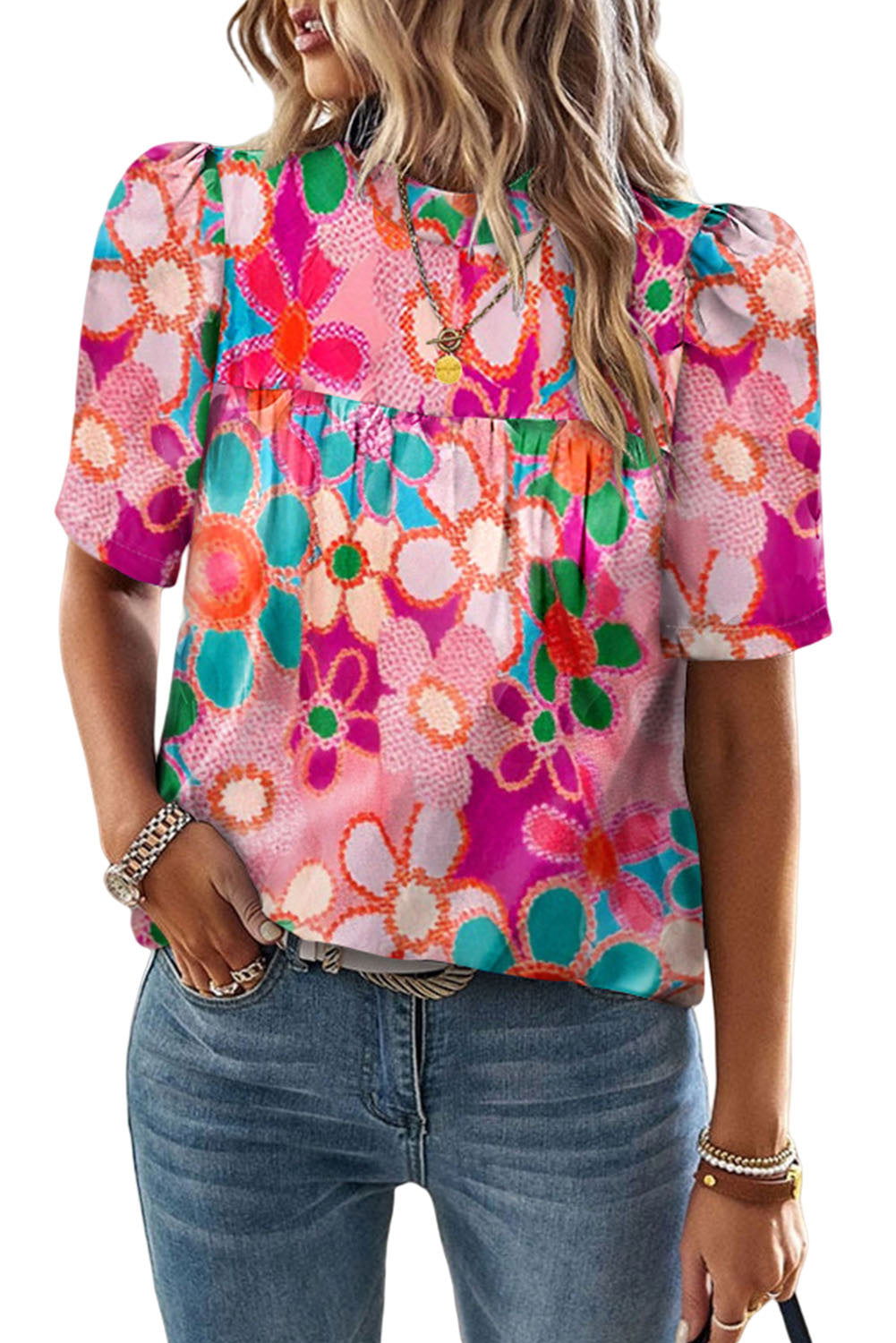 Multicolor Floral Print Tie Back Boho Short Sleeve Blouse - Vesteeto