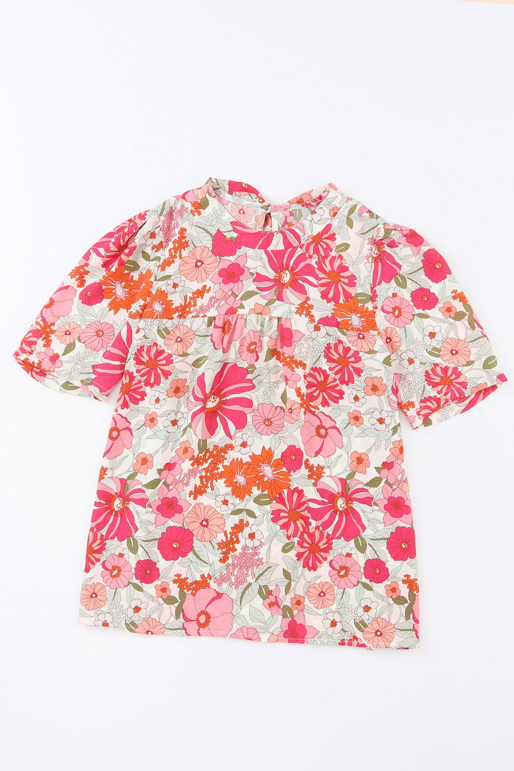 Multicolor Floral Print Tie Back Boho Short Sleeve Blouse - Vesteeto