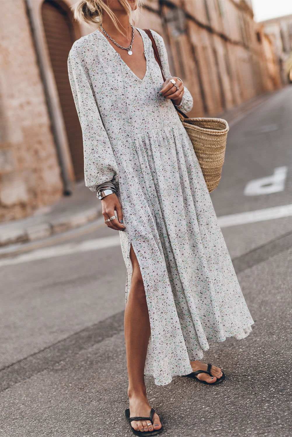 Multicolor Floral V Neck Slits Maxi Dress - Vesteeto