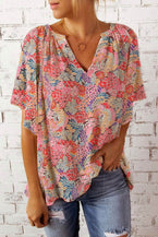 Multicolor Gorgeous Notch V Neck Short Sleeve Floral Blouse - Vesteeto