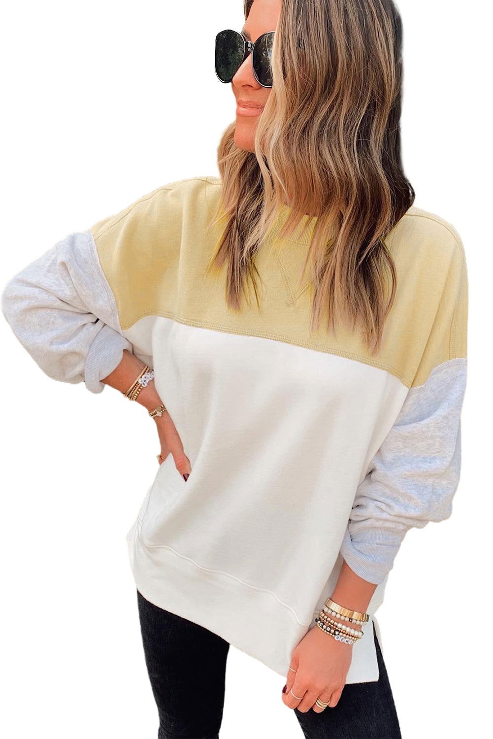 Multicolor Patchwork Casual Drop Shoulder Sweatshirt - Vesteeto