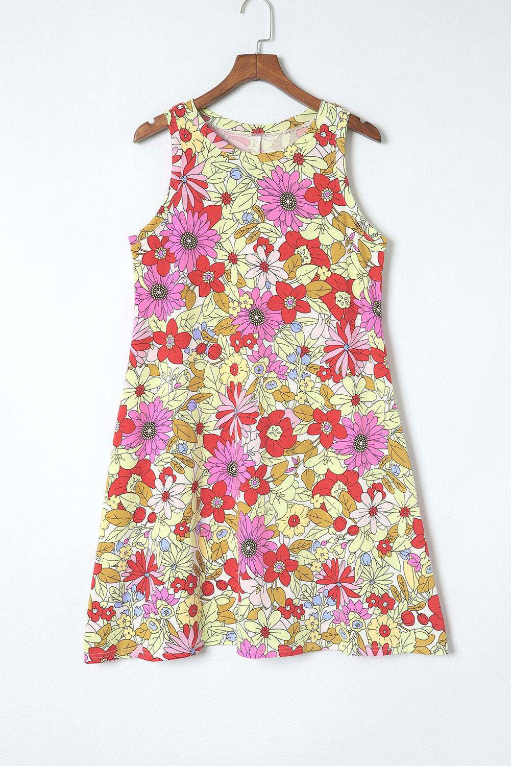 Multicolor Round Neck Sleeveless Floral Short Dress - Vesteeto