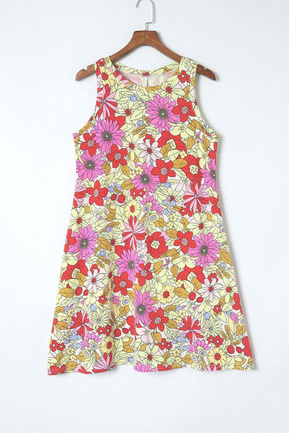 Multicolor Round Neck Sleeveless Floral Short Dress - Vesteeto