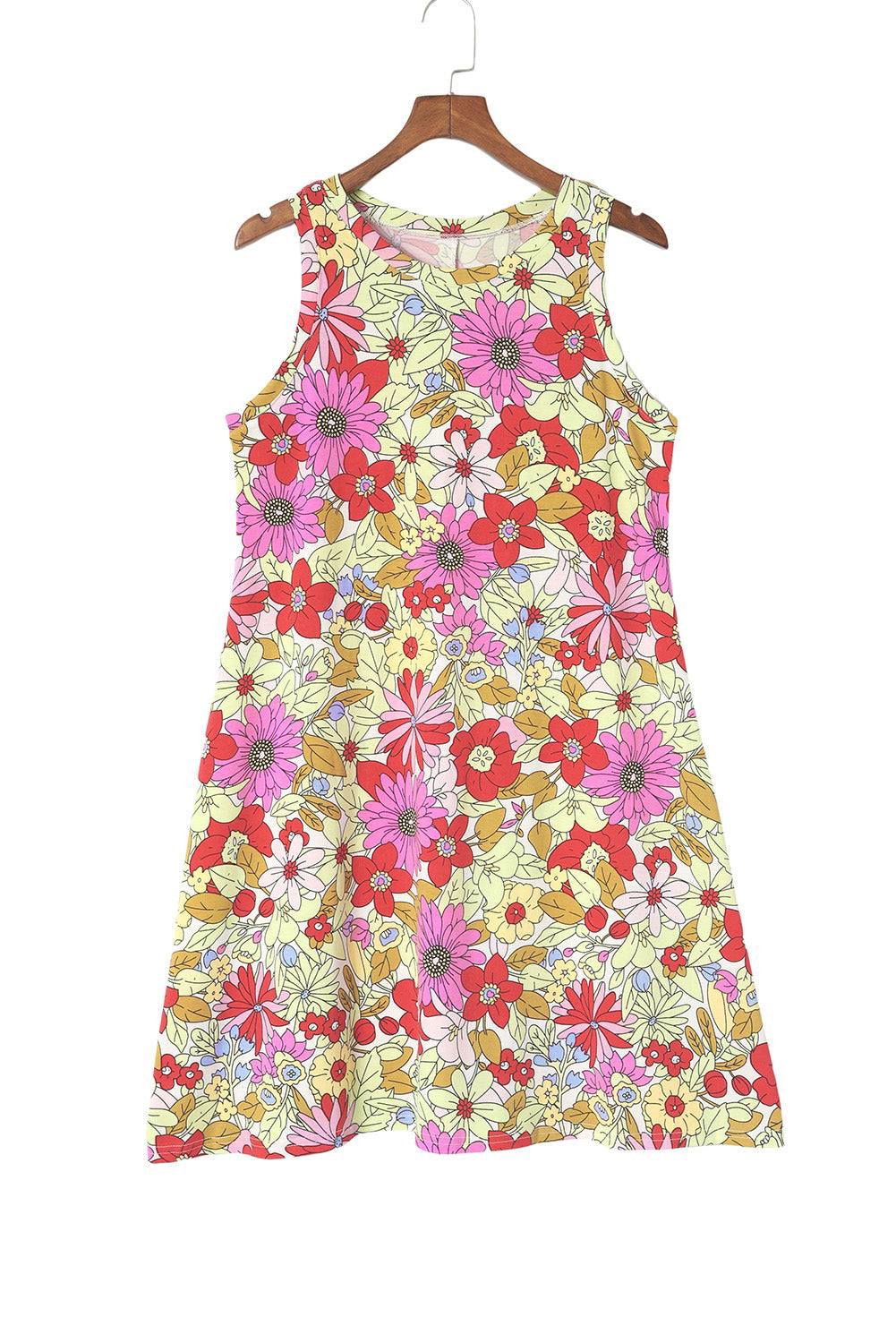 Multicolor Round Neck Sleeveless Floral Short Dress - Vesteeto