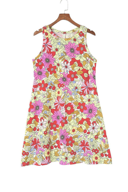 Multicolor Round Neck Sleeveless Floral Short Dress - Vesteeto