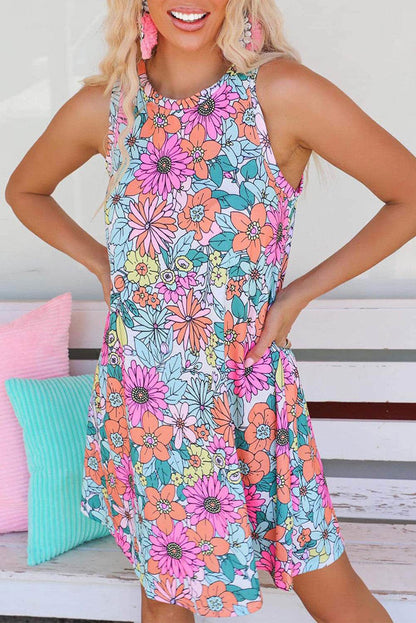 Multicolor Round Neck Sleeveless Floral Short Dress - Vesteeto