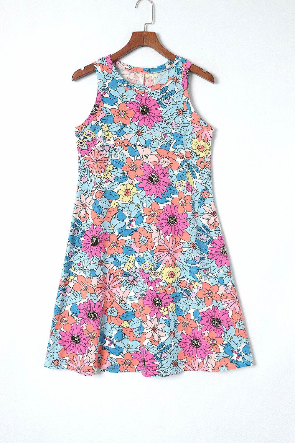 Multicolor Round Neck Sleeveless Floral Short Dress - Vesteeto