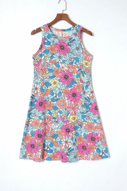 Multicolor Round Neck Sleeveless Floral Short Dress - Vesteeto