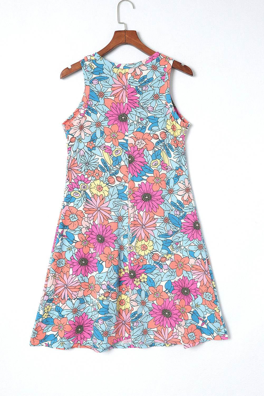 Multicolor Round Neck Sleeveless Floral Short Dress - Vesteeto