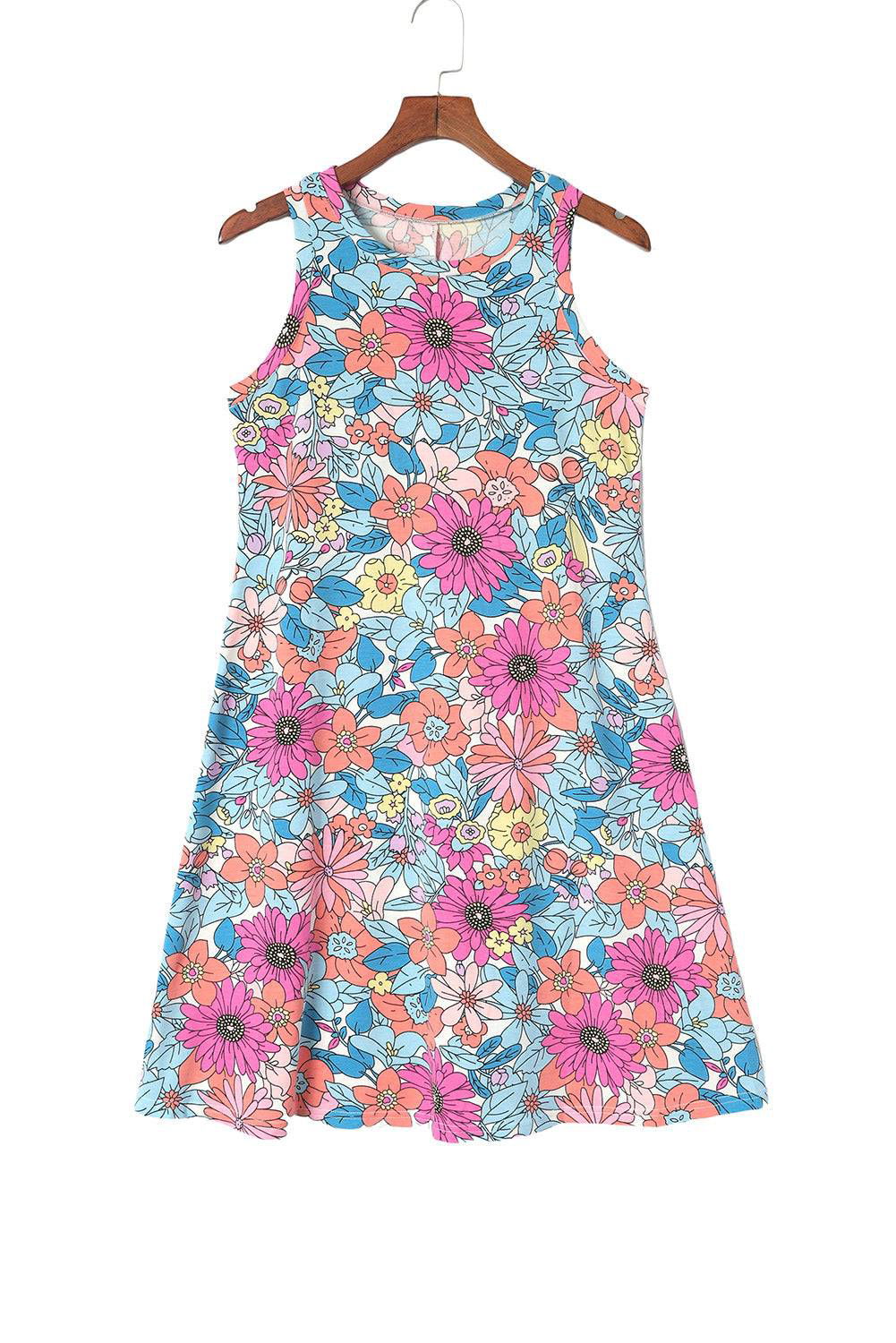 Multicolor Round Neck Sleeveless Floral Short Dress - Vesteeto