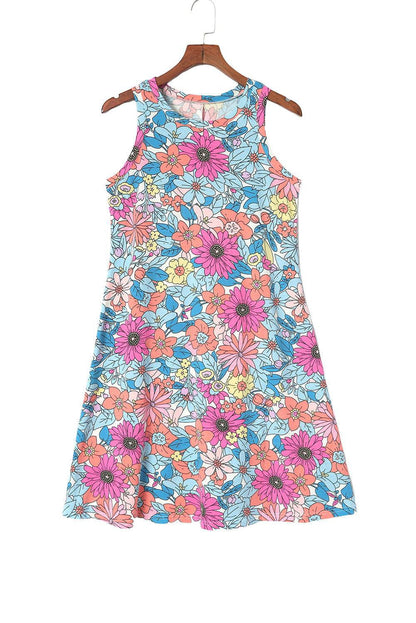 Multicolor Round Neck Sleeveless Floral Short Dress - Vesteeto