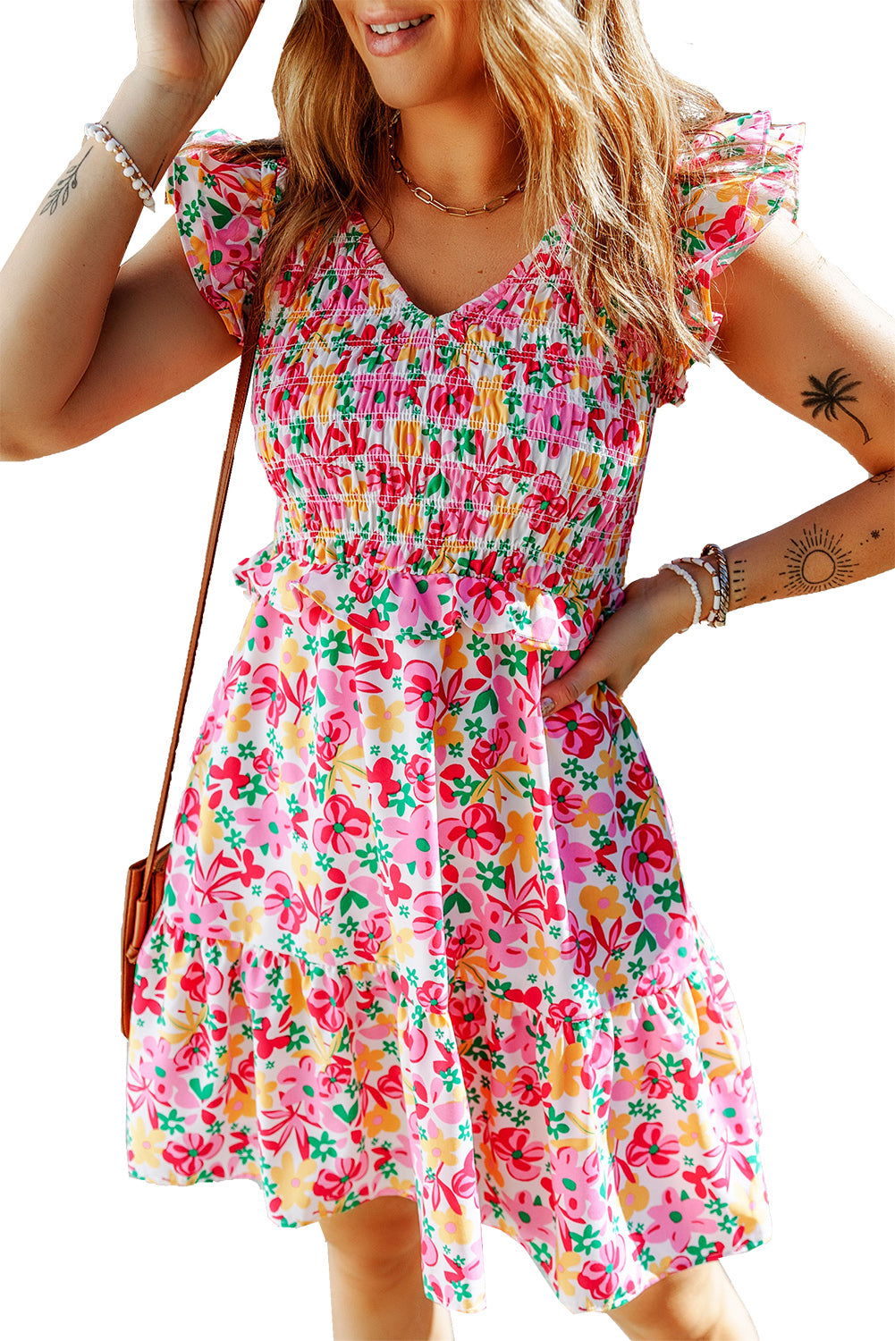 Multicolor Smocked Bodice Ruffle Trim Floral Short Dress - Vesteeto