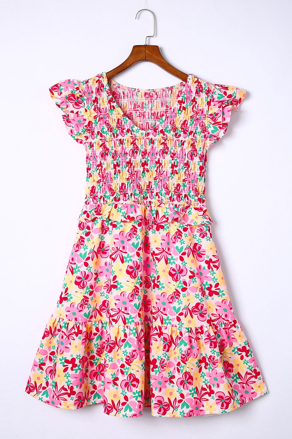 Multicolor Smocked Bodice Ruffle Trim Floral Short Dress - Vesteeto