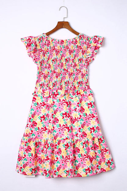 Multicolor Smocked Bodice Ruffle Trim Floral Short Dress - Vesteeto