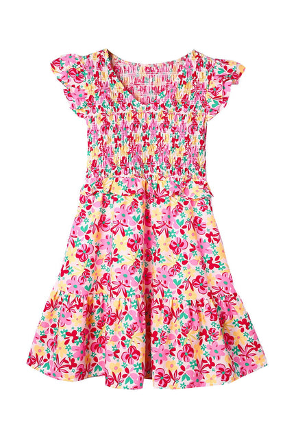 Multicolor Smocked Bodice Ruffle Trim Floral Short Dress - Vesteeto