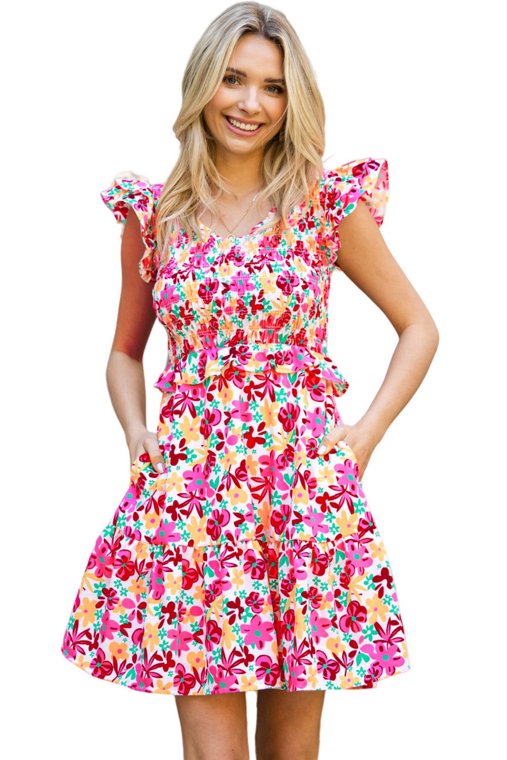 Multicolor Smocked Bodice Ruffle Trim Floral Short Dress - Vesteeto