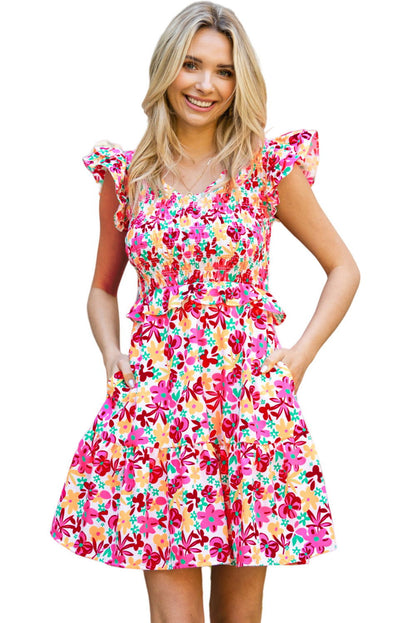 Multicolor Smocked Bodice Ruffle Trim Floral Short Dress - Vesteeto