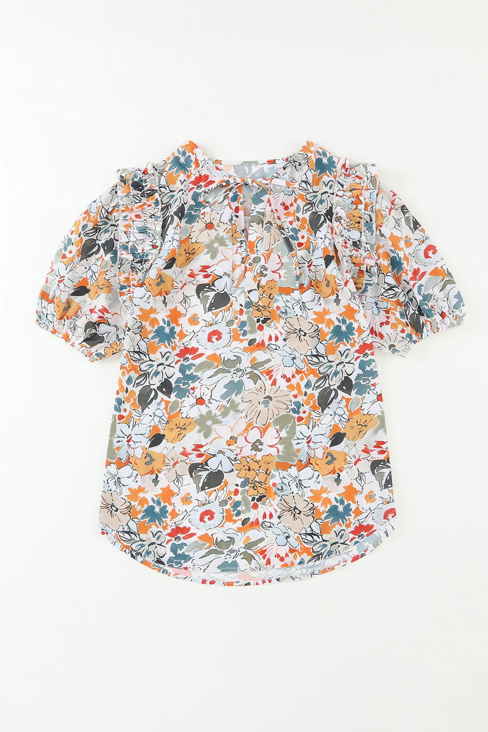 Multicolor Split V Neck Puff Sleeve Floral Print Blouse - Vesteeto