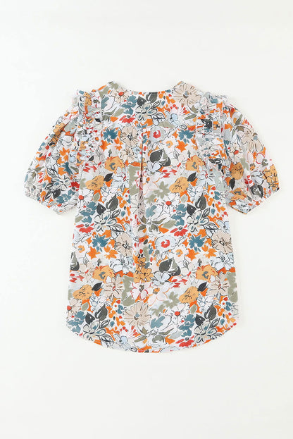 Multicolor Split V Neck Puff Sleeve Floral Print Blouse - Vesteeto