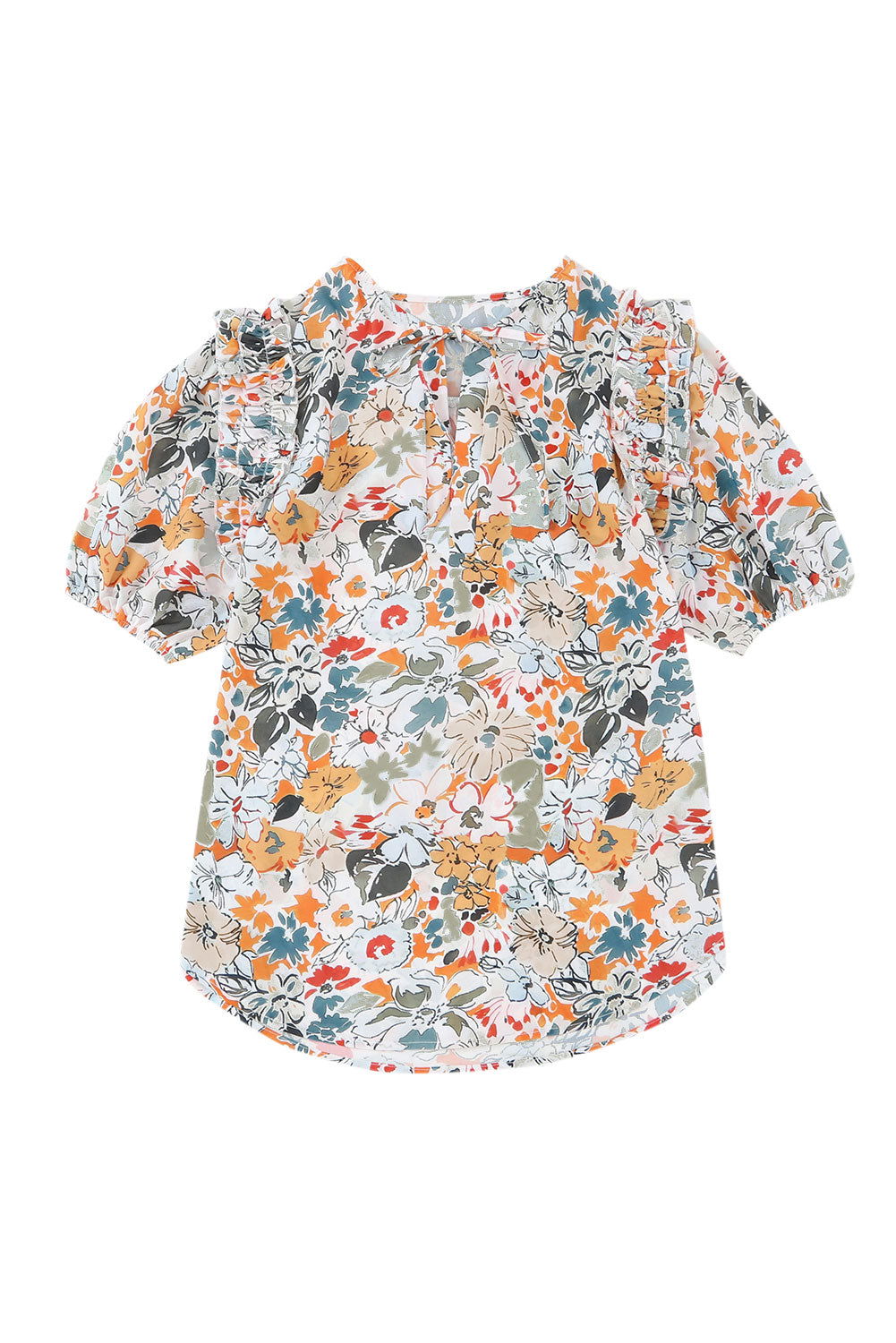 Multicolor Split V Neck Puff Sleeve Floral Print Blouse - Vesteeto