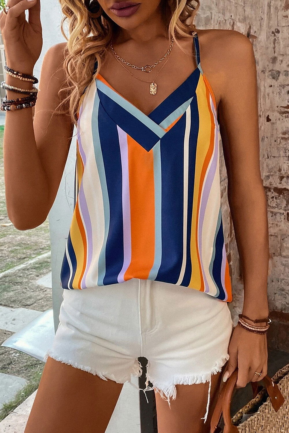 Multicolor Striped Crisscross Strap Cami Top - Vesteeto