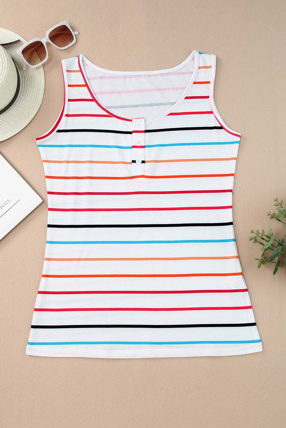 Multicolor Striped Print U Neck Casual Henley Tank Top - Vesteeto