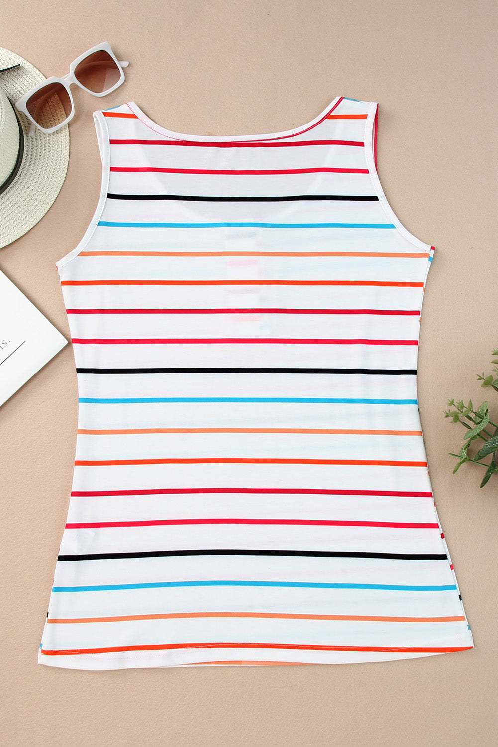 Multicolor Striped Print U Neck Casual Henley Tank Top - Vesteeto