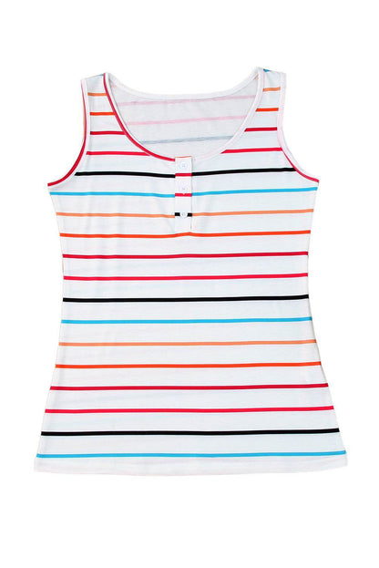 Multicolor Striped Print U Neck Casual Henley Tank Top - Vesteeto