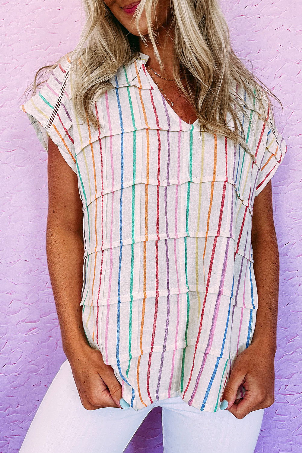 Multicolor Striped Print V Neck Cap Sleeve Blouse - Vesteeto