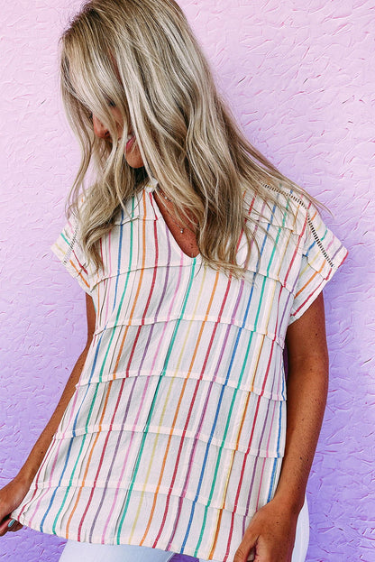 Multicolor Striped Print V Neck Cap Sleeve Blouse - Vesteeto