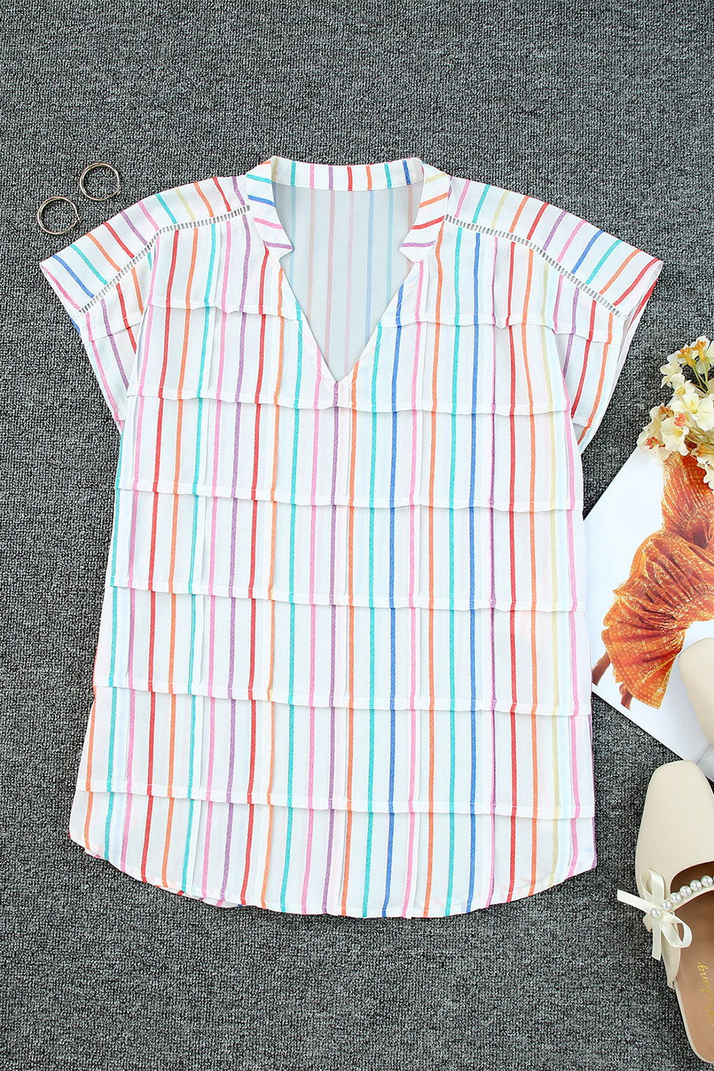 Multicolor Striped Print V Neck Cap Sleeve Blouse - Vesteeto