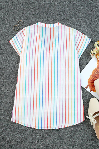 Multicolor Striped Print V Neck Cap Sleeve Blouse - Vesteeto