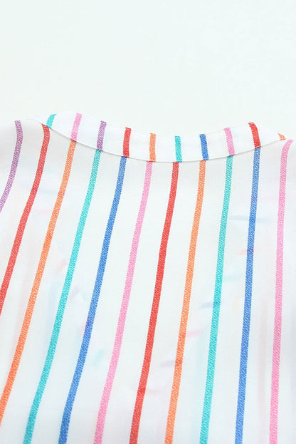 Multicolor Striped Print V Neck Cap Sleeve Blouse - Vesteeto