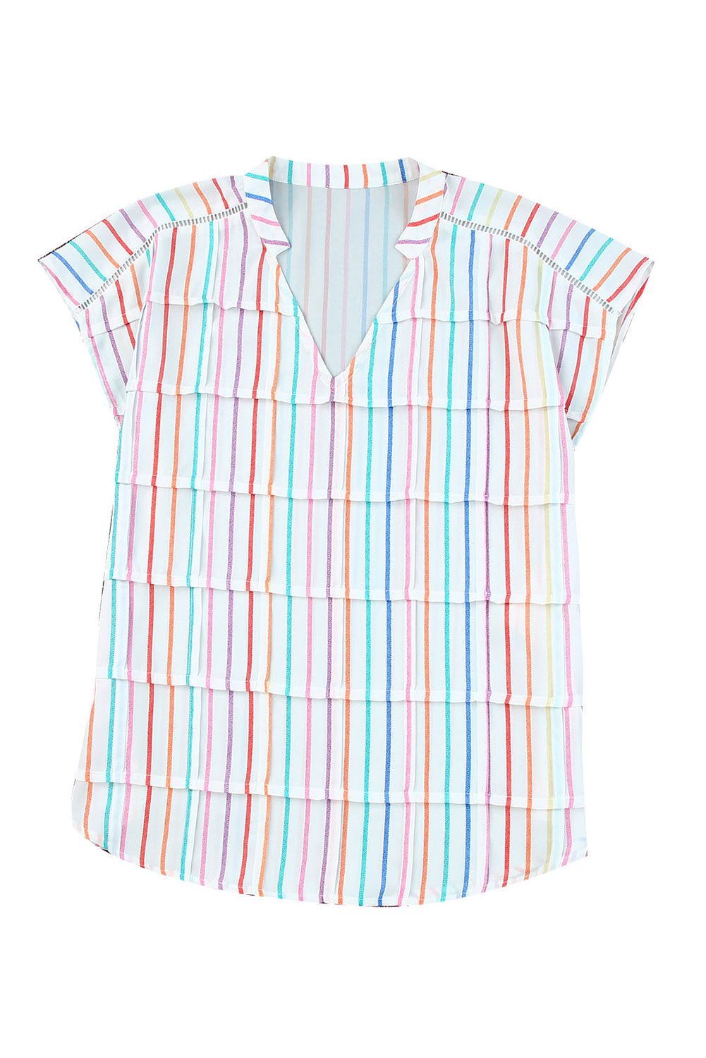 Multicolor Striped Print V Neck Cap Sleeve Blouse - Vesteeto