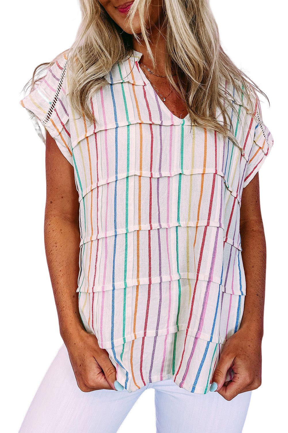 Multicolor Striped Print V Neck Cap Sleeve Blouse - Vesteeto