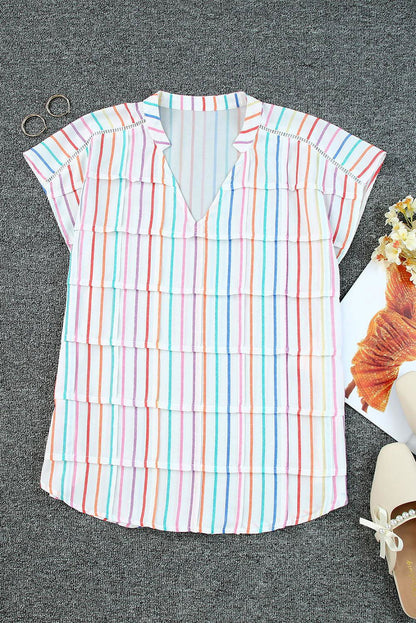 Multicolor Striped Short Sleeve Blouse for Women - Vesteeto